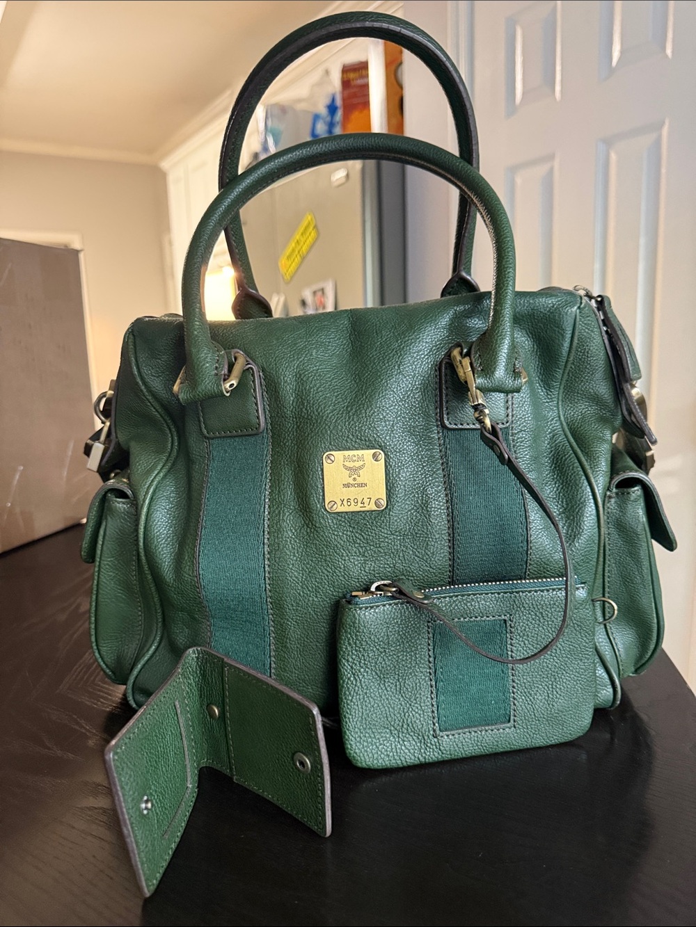 MCM Dark Green Leather Satchel with Removable Canvas Strap - Picture 4 of 16